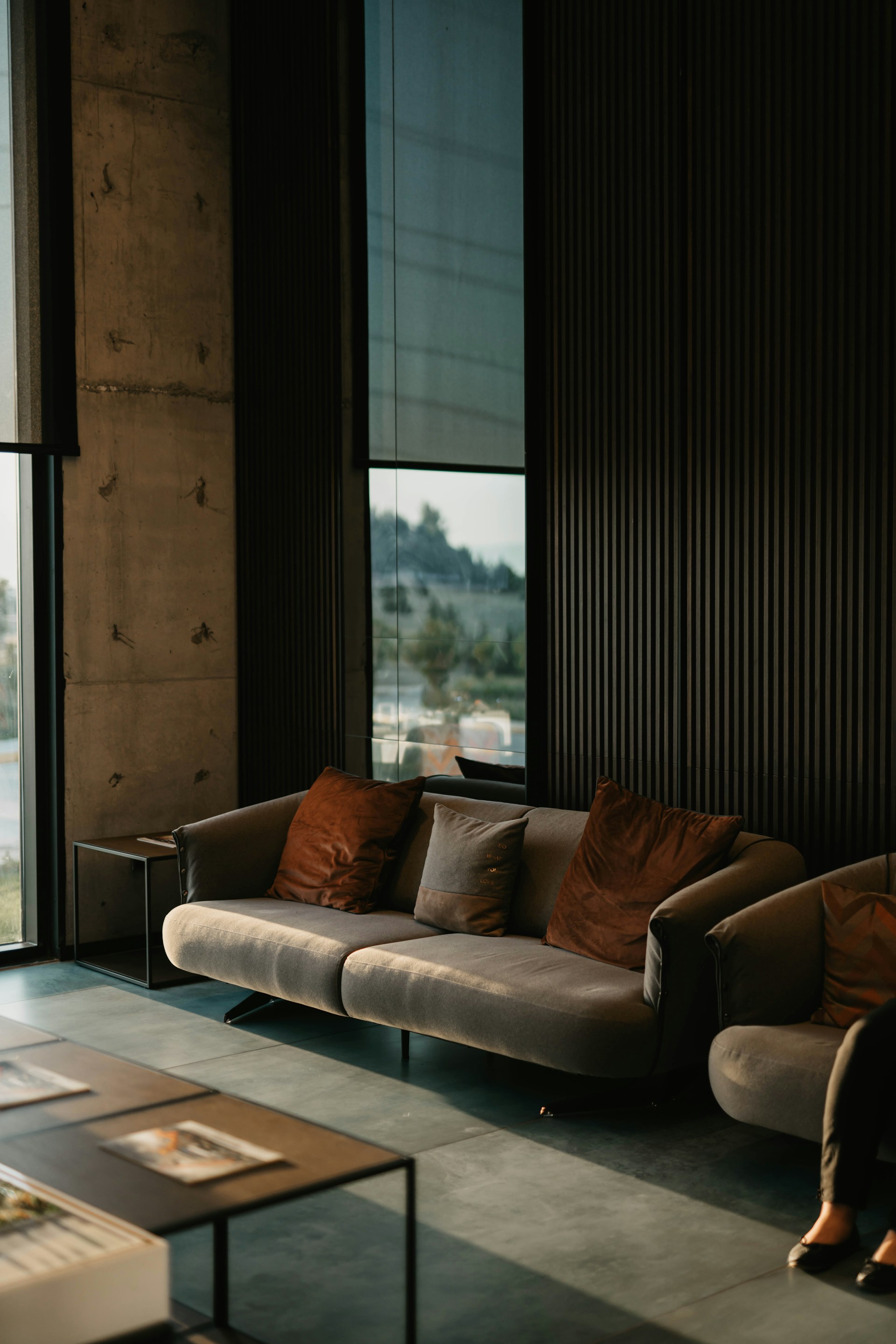 A calm living room with timber slats