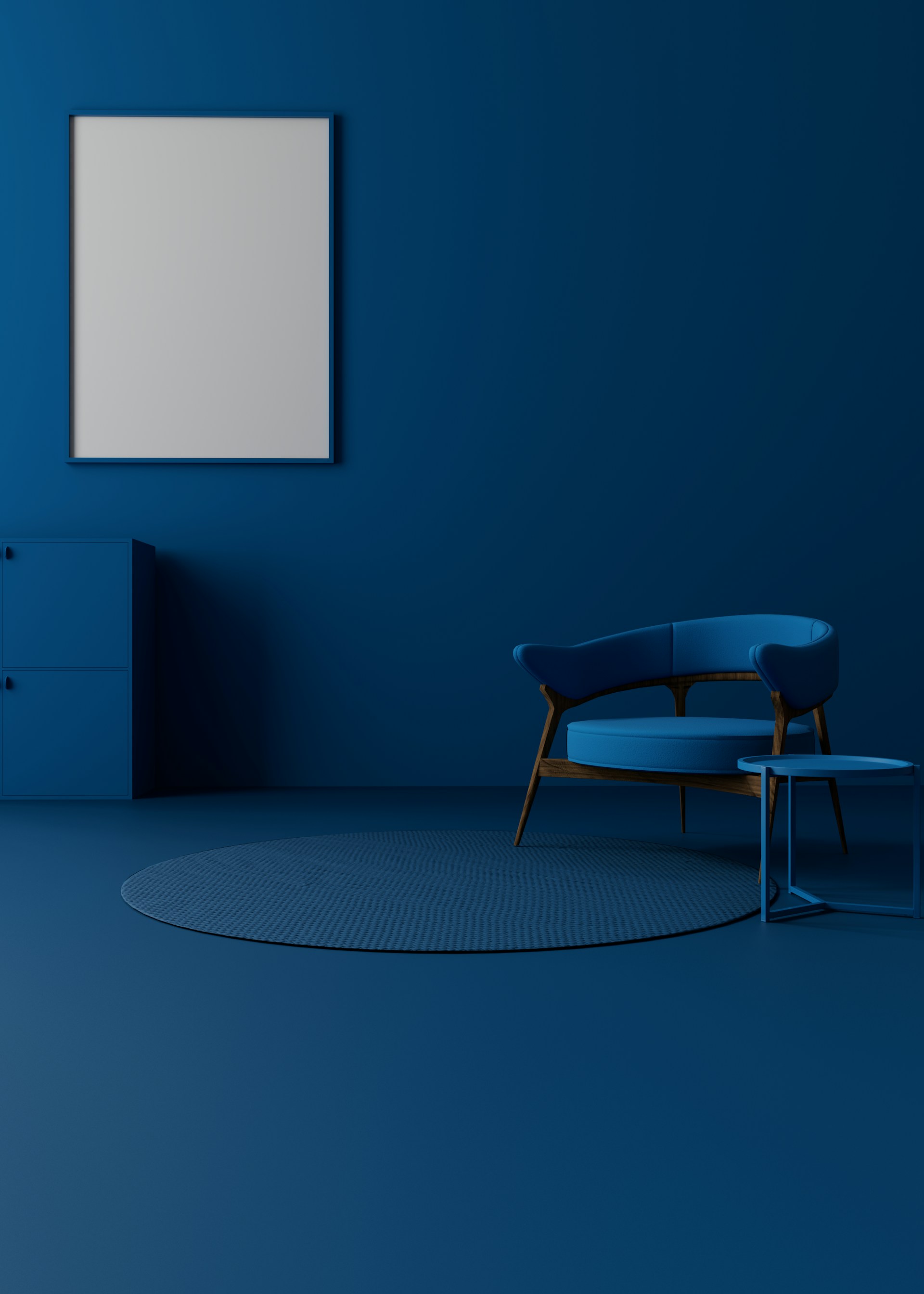 A blue room with a sculptural chair